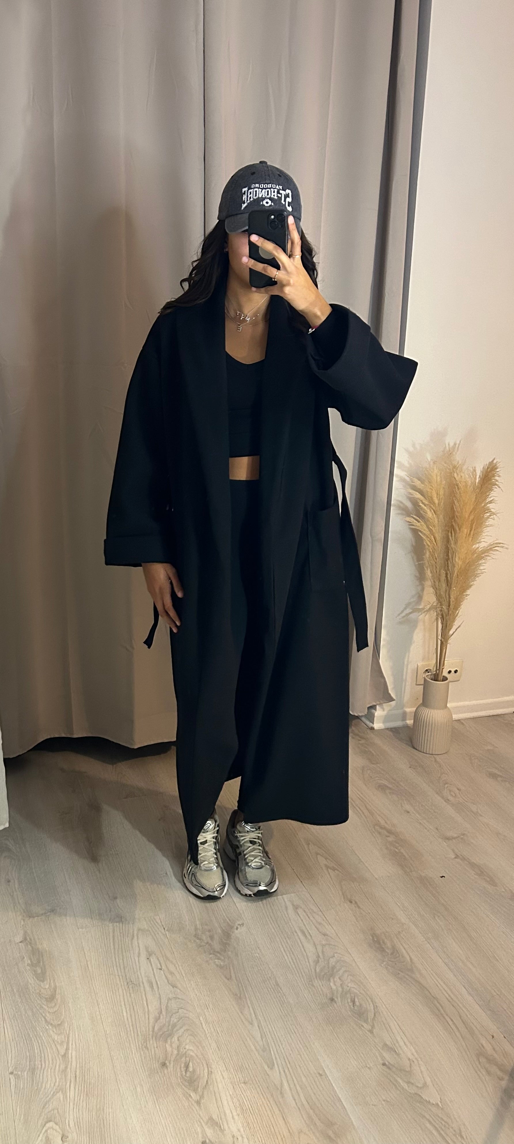 Manteau long ceinturé noir