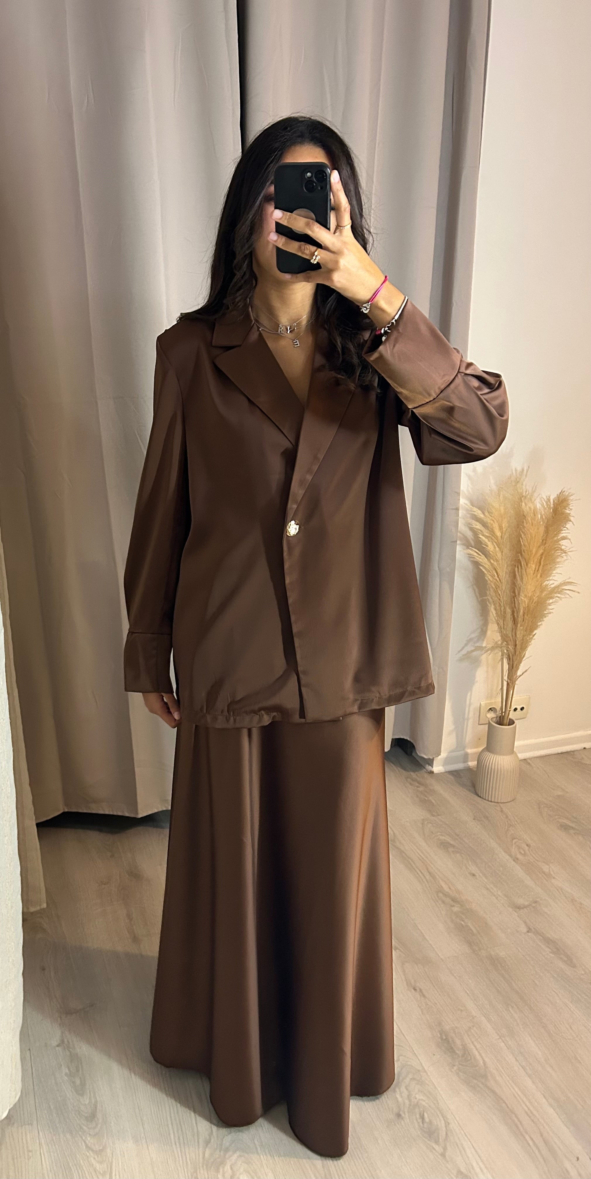 Ensemble jupe satin marron