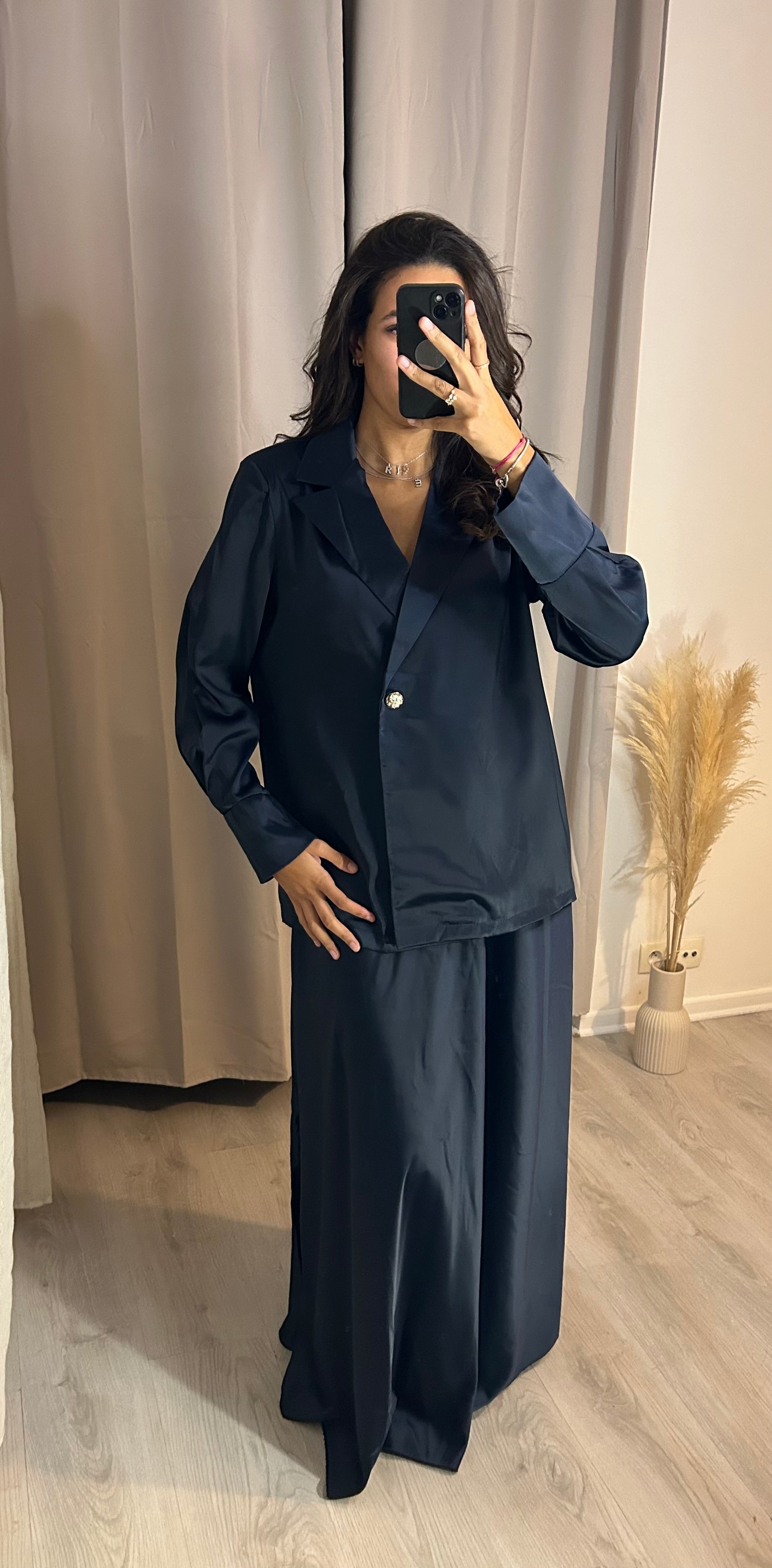 Ensemble jupe satin bleu marine