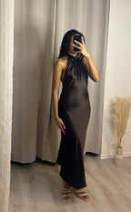 Robe satin dos nu Marron